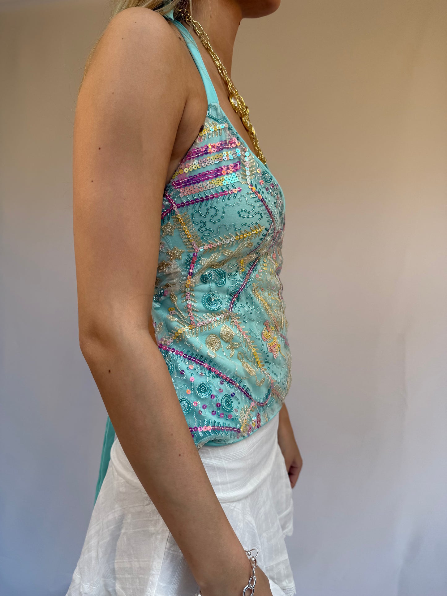 Arella Top in Sequinned Turquoise