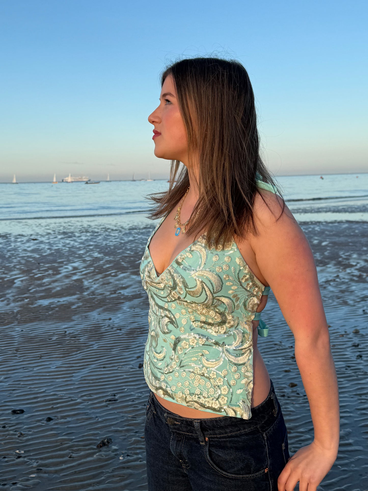 Arella Top in Gold and Light Turquoise