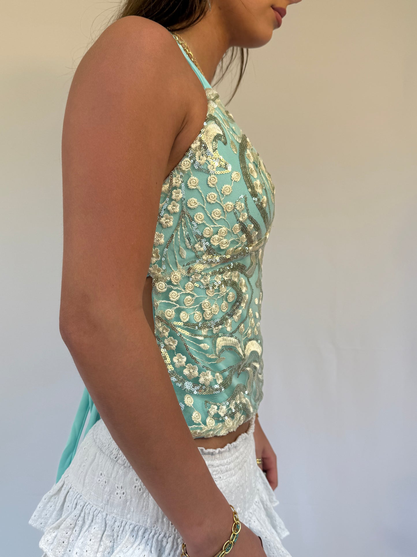 Arella Top in Gold and Light Turquoise