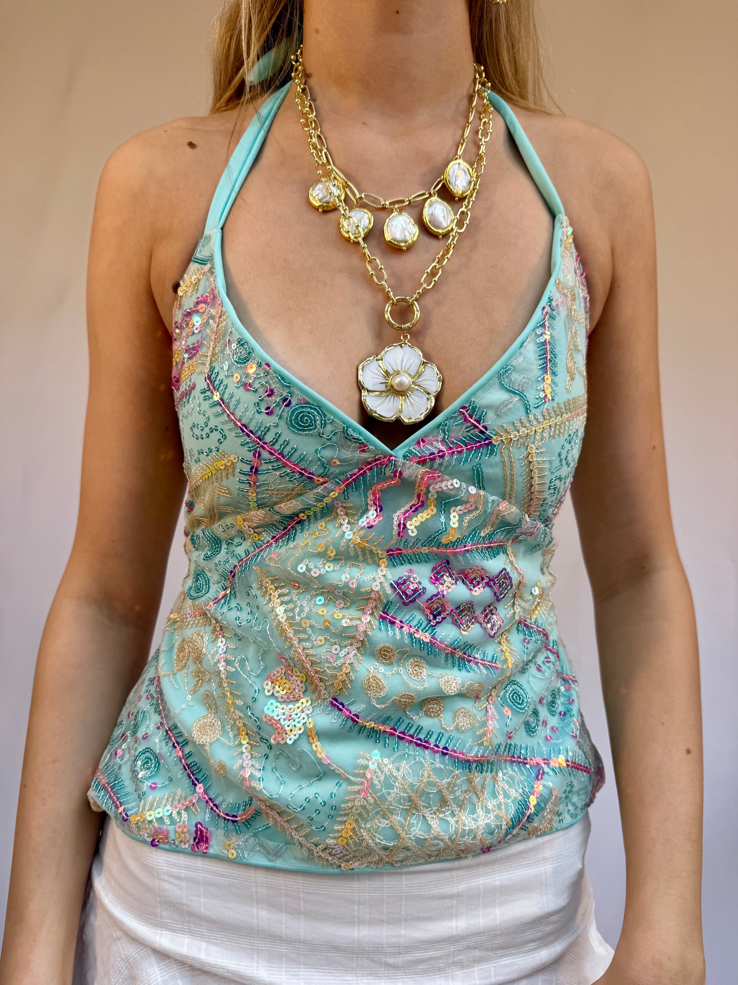 Arella Top in Sequinned Turquoise