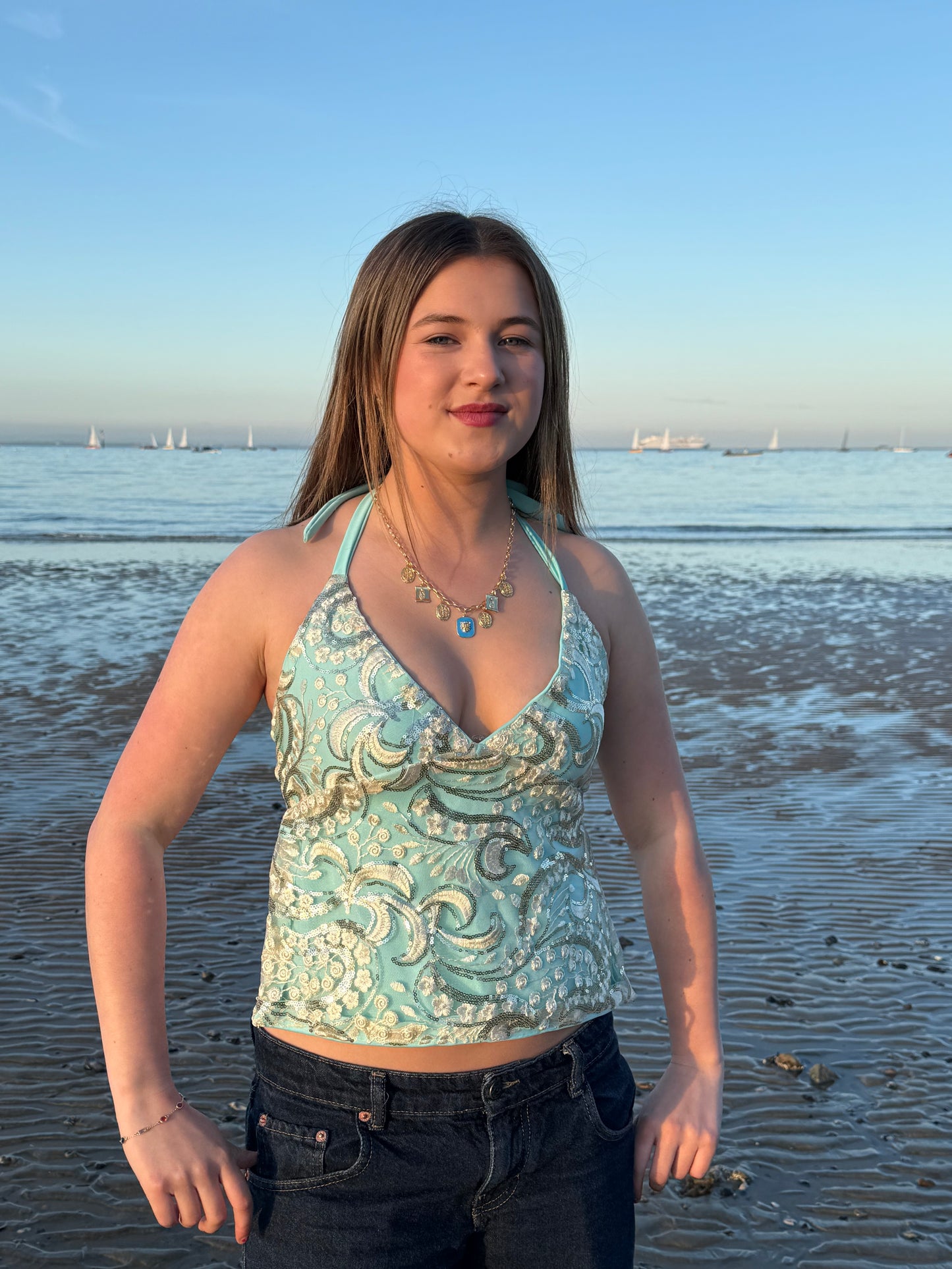 Arella Top in Gold and Light Turquoise