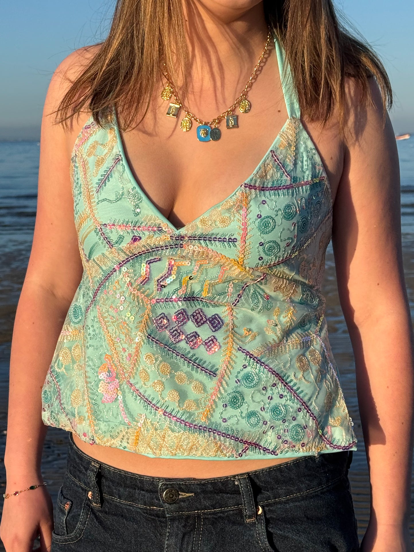 Arella Top in Sequinned Turquoise