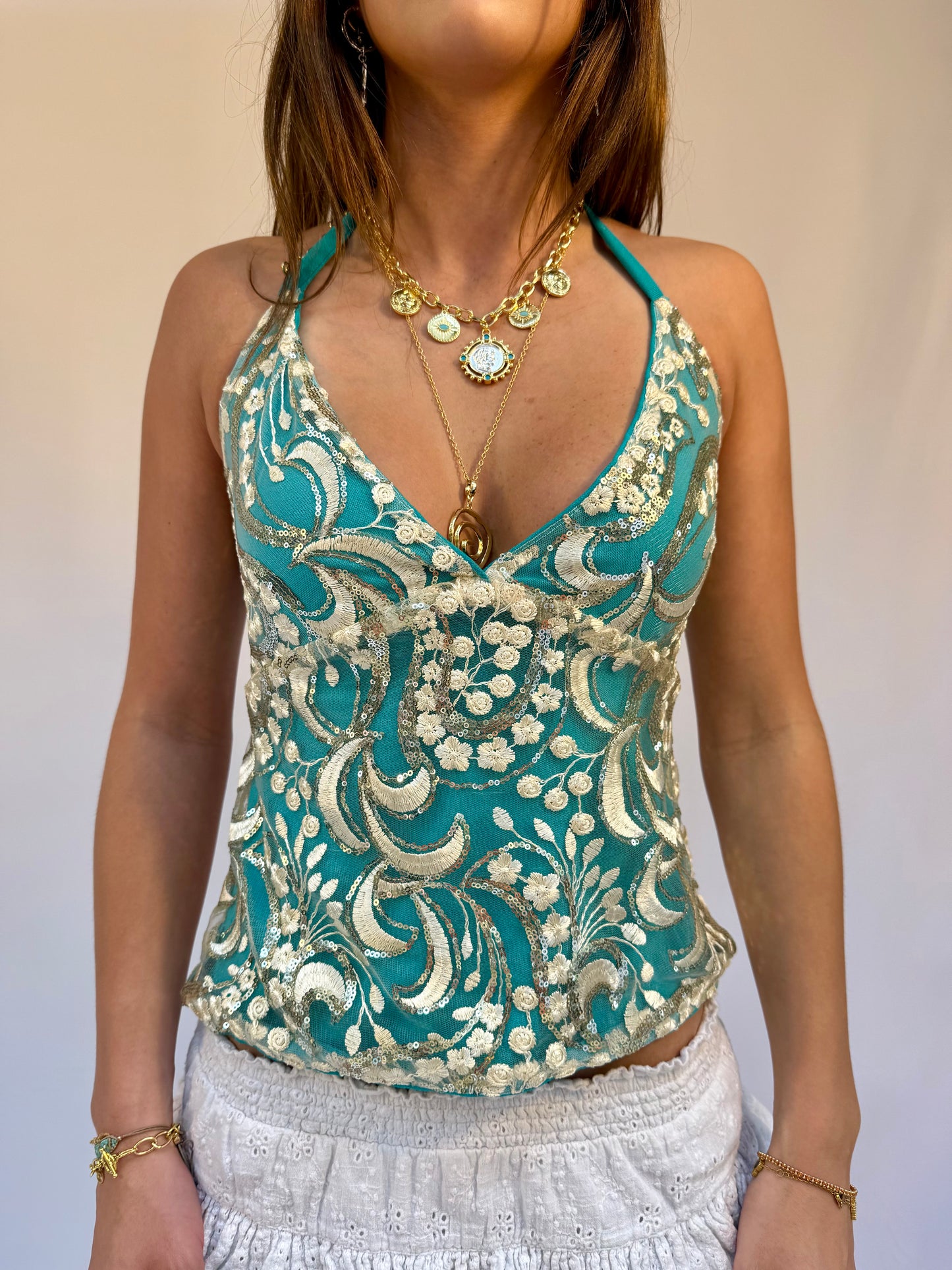 Arella Top in Gold and Dark Turquoise